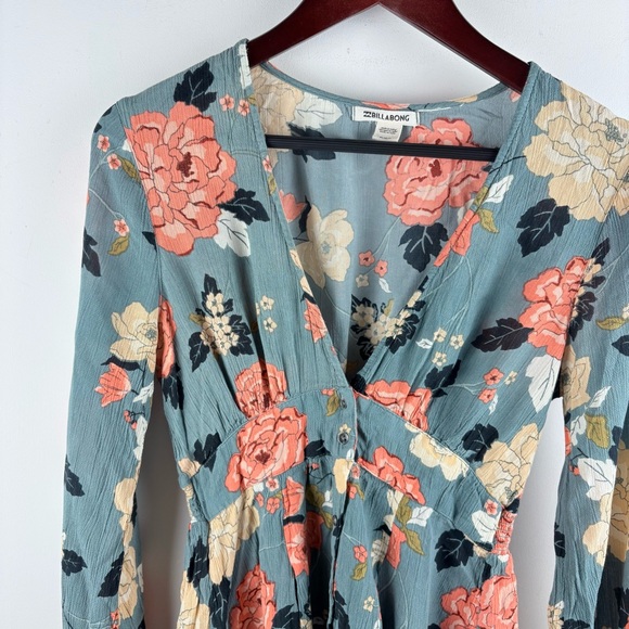 Billabong Your Love Skater Mini Dress Blue Pink Floral Flowy Rayon Boho Medium - Picture 6 of 12